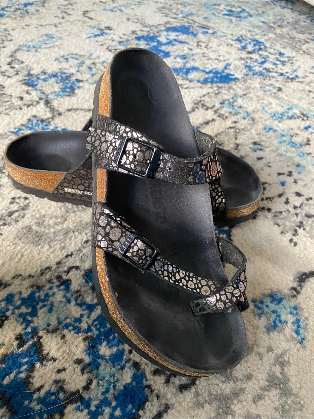 Birkenstock Women's Black Metallic Pattern Two-Strap Cork Sandal